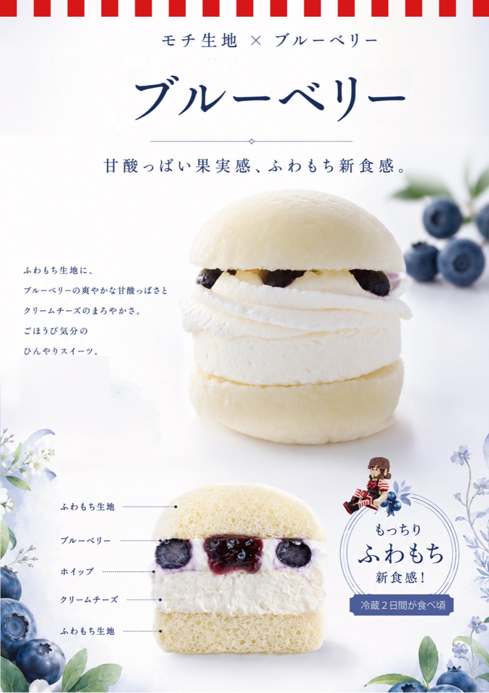 ふわもち#クリチ ブルーベリー 断面と構成(ふわもち生地・ブルーベリー・ホイップ・クリームチーズ)