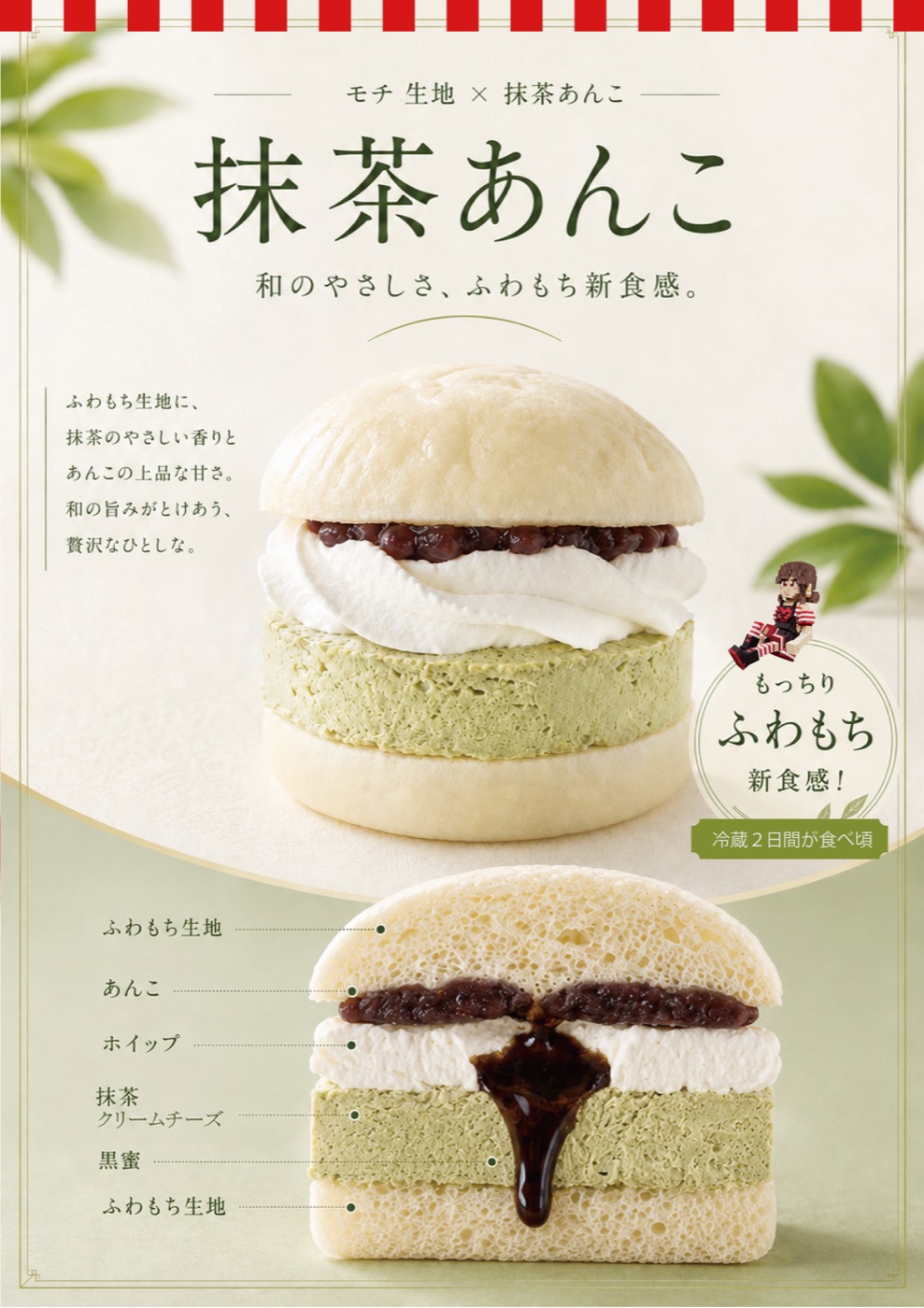 ふわもち#クリチ 抹茶あんこ 断面と構成(ふわもち生地・あんこ・ホイップ・抹茶クリームチーズ・黒蜜)