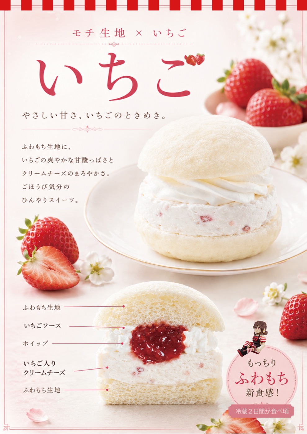ふわもち#クリチ いちご 断面と構成(ふわもち生地・いちごソース・ホイップ・いちご入りクリームチーズ)