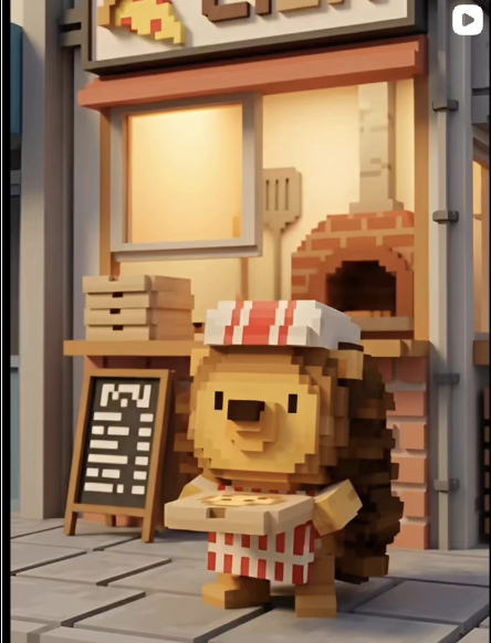 ピザ屋の前で立っているハリチくん